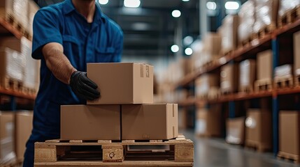 A warehouse worker places boxes on a pallet, showcasing logistics and inventory management in an organized storage environment.