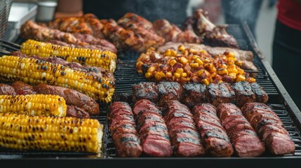 Assorted festival BBQ food like grilled meats and corn, with room for branding or text