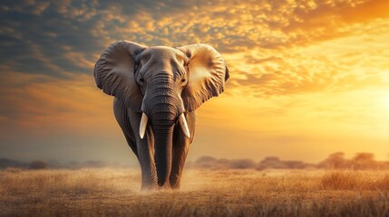 Fototapeta premium Elephant strides confidently beneath vibrant sunset sky