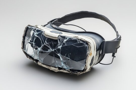A broken virtual reality headset sits on a clean surface. The cracked screen reflects a sense of loss in technology. This image shows the fragility of innovation. Generative AI