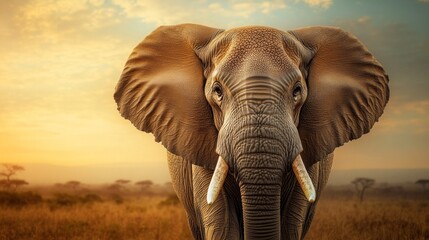 Elephant front view in sunlit landscape panorama