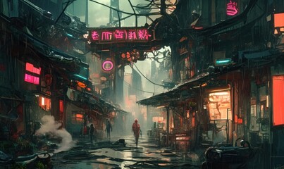 Futuristic Cyberpunk Street at Night with Neon Lights