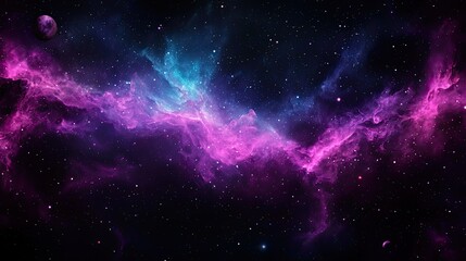 Fototapeta premium A vibrant cosmic scene featuring swirling pink and blue nebulae against a starry backdrop, evoking the vastness and beauty of space.