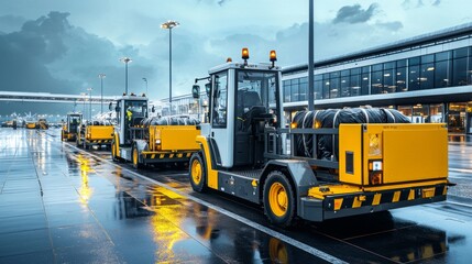 Tow tractor pulling luggage carts at airport apron