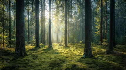 Sunbeams illuminate a dense forest floor covered in moss, creating a mystical and serene atmosphere.