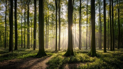 Fototapeta premium Sunbeams illuminate a dense forest floor with green foliage and morning mist.