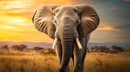 Elephant exuding strength against vibrant sunset sky.