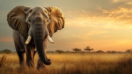Fototapeta premium Elephant strolling in golden sunset landscape view.