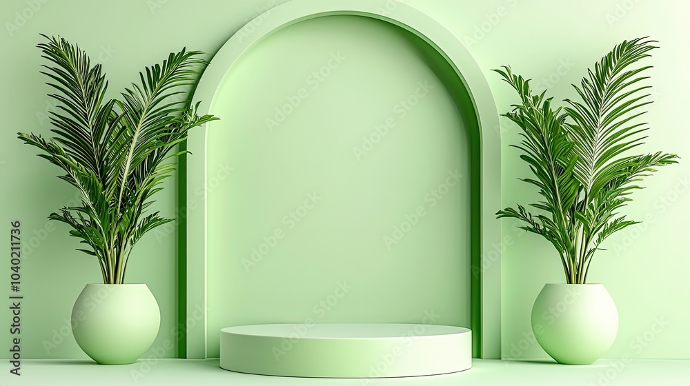 Wall mural a minimalist green interior featuring two potted plants and an archway, creating a fresh and invitin