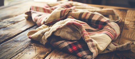 Vintage filtered image of a kitchen cloth on a wooden table with a designated copy space area available for additional content