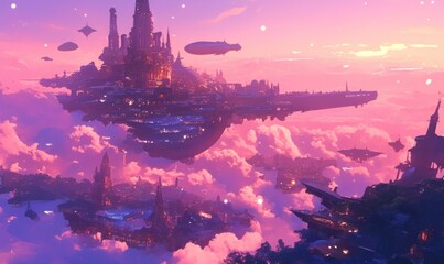 Obraz premium Futuristic Floating City at Sunset in the Clouds