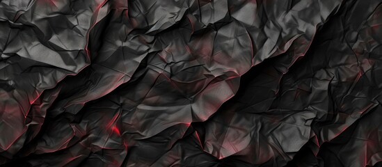 Obraz premium Crumpled black paper texture background with copy space image showcasing a dark wrinkled rolling paper sheet pattern and a creased crimson page wallpaper
