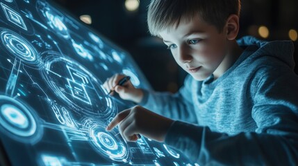 Young boy engages with a futuristic digital interface, immersed in technology and creativity at night