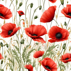 Obraz premium Watercolor seamless pattern of bright red poppies in a meadow, white background.