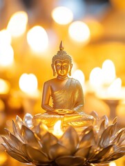Obraz premium Radiant Buddha sculpture with ambient candle lighting.