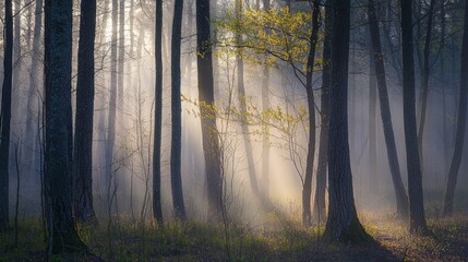 Obraz premium Sunlight beams through the misty trees in a dense forest, creating a magical and ethereal atmosphere.