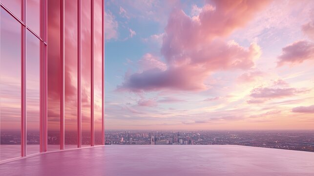 A serene rooftop view featuring pink-hued glass structures and a vibrant sky, blending modern architecture with a stunning sunset cityscape.