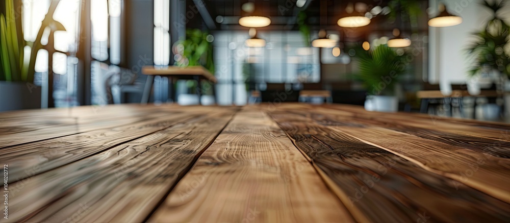 Sticker Wooden table in modern office setting with blurred background great for showcasing business products in a copy space image