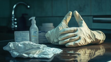 A creative shot of a pair of gloves next to disinfectant wipes, arranged in a way that suggests readiness for cleaning. 