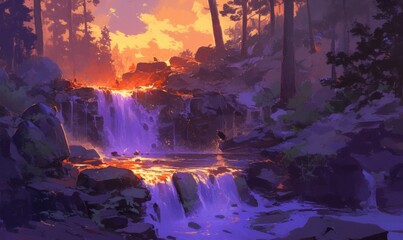 Sunset Over a Forest Waterfall, Tranquil and Lush
