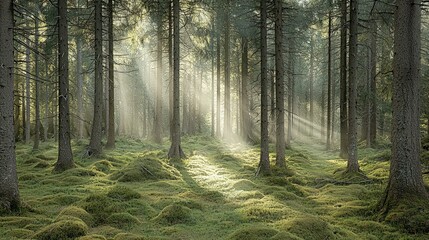 Obraz premium Sunlight streams through a dense forest, illuminating the mossy ground.