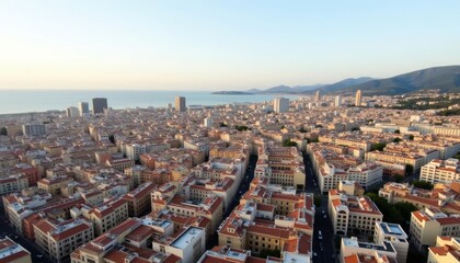 Obraz premium Vibrant cityscape at sunrise with the ocean and mountains in the background
