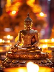 Fototapeta premium Golden Buddha statue with ornate candle backdrop