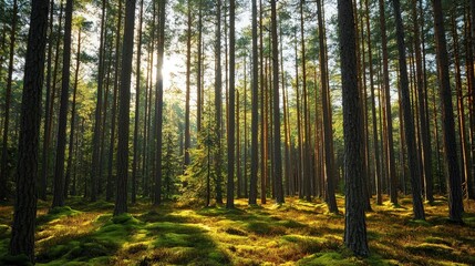 Fototapeta premium Sunlight streams through tall pine trees in a dense forest, illuminating the mossy forest floor.