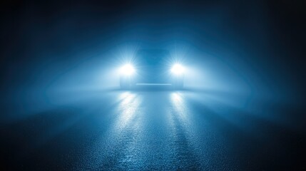 Headlights from a car approaching on a foggy country road, lighting up the mist-covered landscape and distant silhouettes of trees --chaos