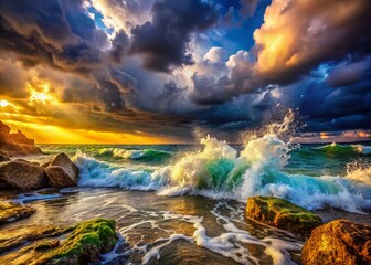 Fototapeta premium Restless Sea Under Dark Sky - Macro Photography of Turbulent Waves and Dramatic Clouds for Captivating Visuals
