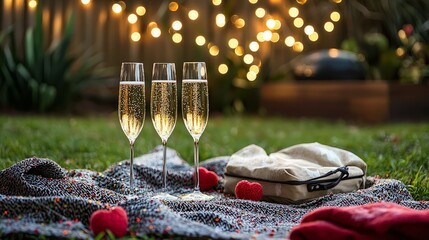 Three champagne flutes on a picnic blanket with red hearts, a bag and a blurred background of fairy lights.