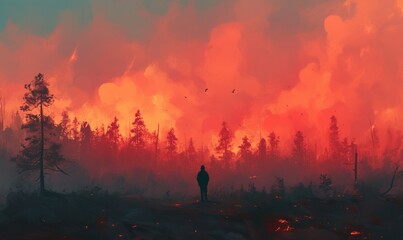 Obraz premium Fiery Landscape with Silhouette in Foreground