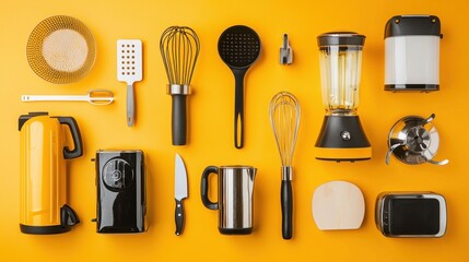 Colorful kitchen utensils and appliances on vibrant background