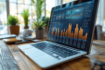 Data analysis on laptop screen showcasing financial trends in modern office setting