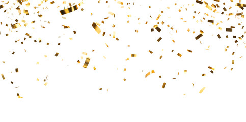Golden confetti falling down isolated on transparent background. PNG file, cut out