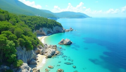 Fototapeta premium Paradise Found A serene beach cove with crystal clear waters