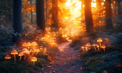 Enchanting Forest Path with Glowing Mushrooms at Sunset