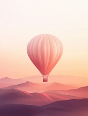 Fototapeta premium A sleek hot air balloon floats gracefully above rolling mountains, bathed in the warm glow of a sunset, creating a peaceful atmosphere. Generative AI