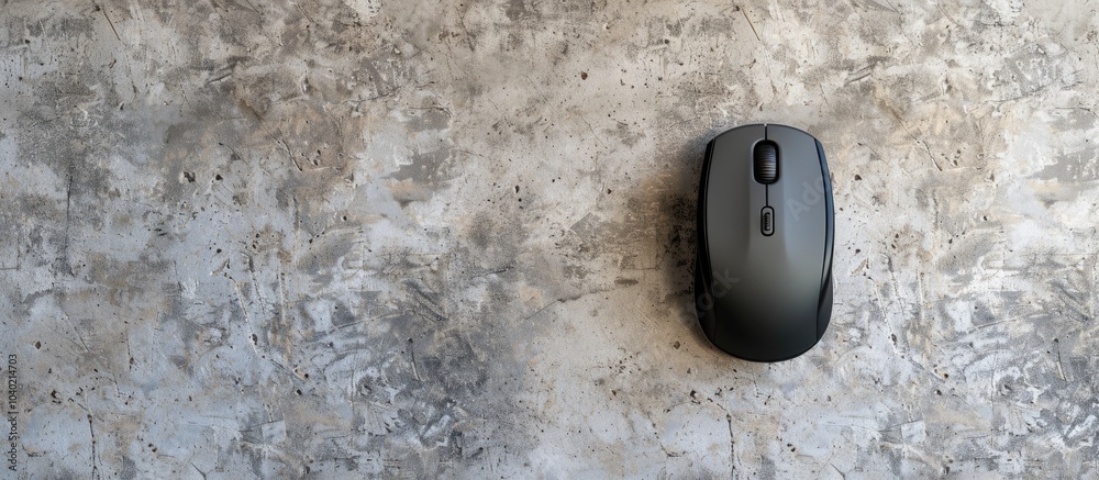 Poster top down view of a wireless mouse placed on a light textured table with available space for text in 