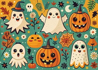 Naklejka premium Retro Groovy Halloween Cards with Cartoon Ghosts for Urban Exploration Photography