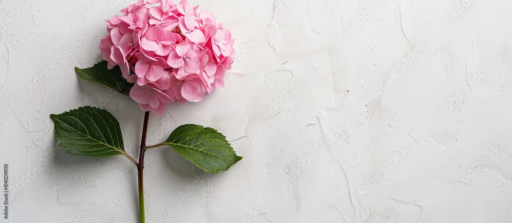 Wall mural top view of a solitary pink hydrangea flower on a clean white surface for adding text a copy space i