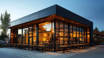 Obraz premium Clean modern restaurant exterior with large windows and space for your message