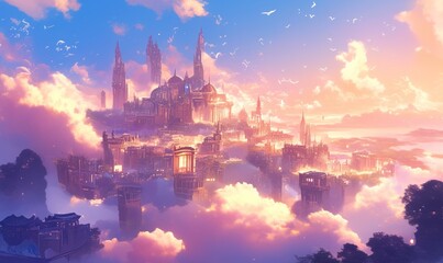 Naklejka premium Dreamlike City in the Clouds at Sunset