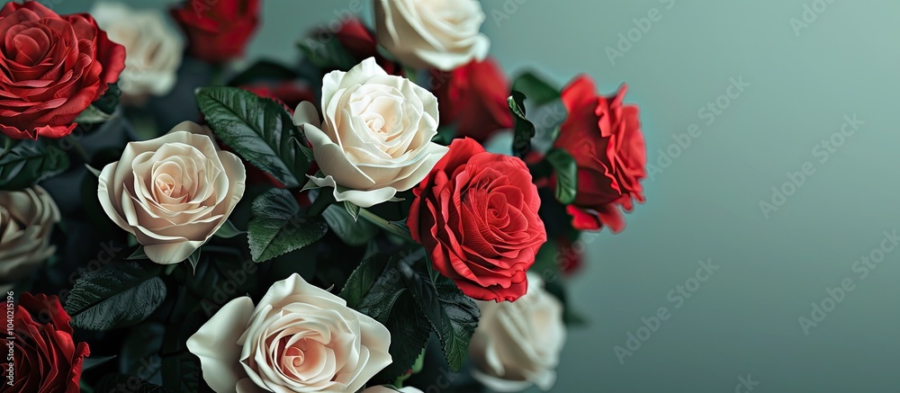 Wall mural An image featuring a bouquet of red and white roses with green leaves in the center leaving room for additional content with a copy space image