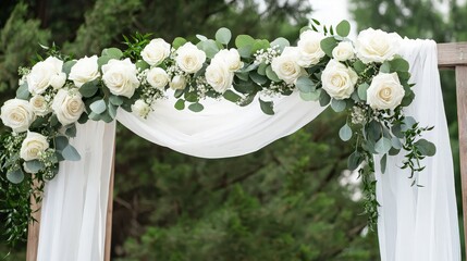 White roses and greenery adorn a wooden wedding arch with white fabric.