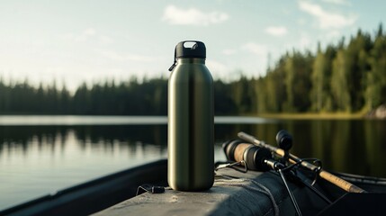 Obraz premium Adventure Essentials - Rugged Thermo Water Bottle on Fishing Boat in Serene Lake Setting