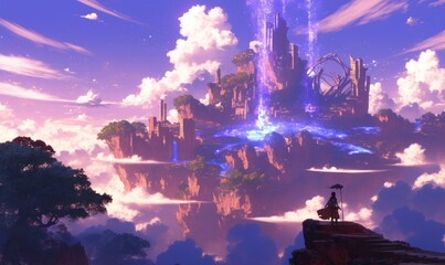 Fototapeta premium Fantasy Floating Island with Ruins and Glowing Waterfalls