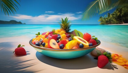 a bowl of fruit salad in a bowl on the beach