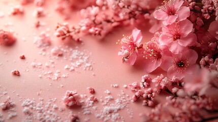Fototapeta premium Delicate pink cherry blossoms scattered on a soft surface, creating a serene atmosphere.