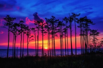 A line of tall trees stand against a colorful sunset sky, with vivid hues of purple and pink creating a dreamlike atmosphere on the ocean's edge.